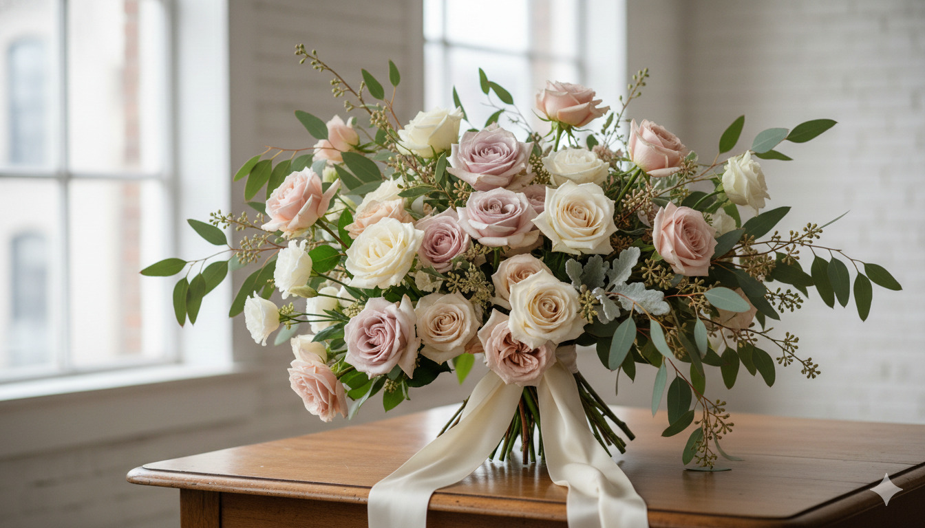 Elegant rose bouquet with mixed greenery